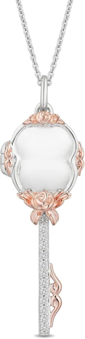 Jewelili Enchanted Disney Fine Jewelry Belle Key Pendant Necklace for Women | 14K Rose Gold over Sterling Silver | 1/10 CTTW Natural White Round Diamond | 18″ Cable Chain | Princess Gifts for Her