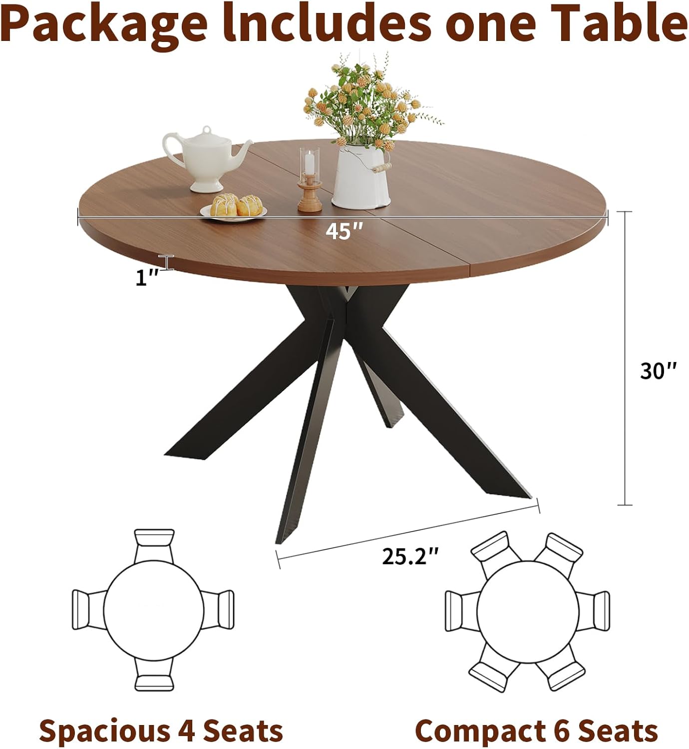 45.3" Walnut Round Dining Table Set with 4 Chairs – Mid-Century Modern Small-Space Kitchen & Dining Room Furniture for Apartment or Breakfast Nook (Boxwood – Table Only) - Image 2