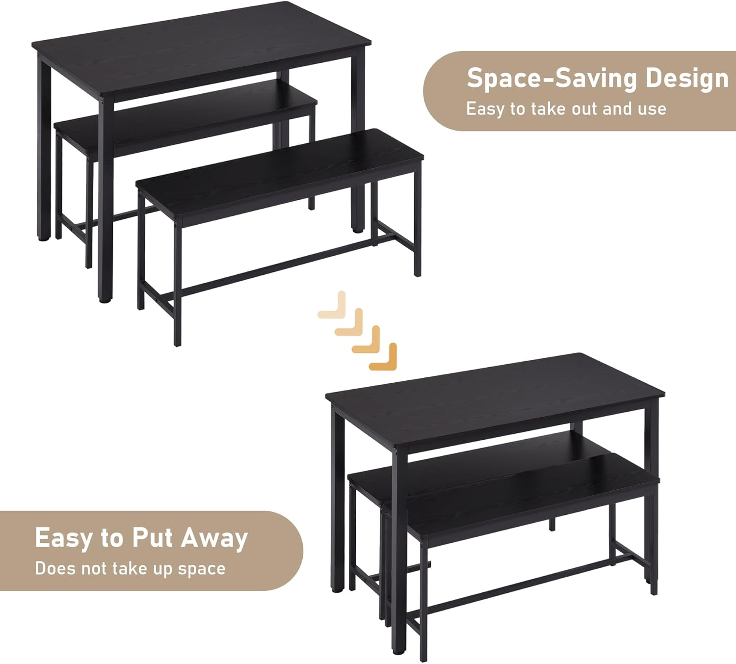 Dining Table Set for 4, Kitchen Dining Chairs Set with 2 Benches, 43.5 Inch Small Kitchen Dining Room Table and Chairs Set for 3-Piece Breakfast Nook and Small Space, Black - Image 5