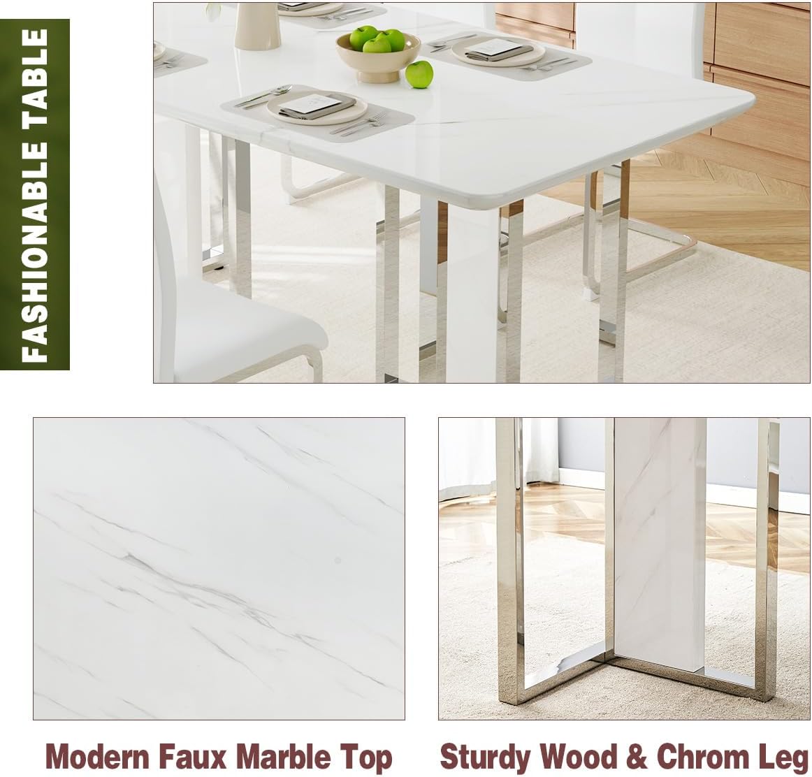 63" Dining Table Set for 6,White Dining Table Set with Chrome Plate Leg, Faux Marble Kitchen Table and Chairs Set of 6,Modern Dining Room Table Set for Dinner Room,High Glossy,Sturdy Structure - Image 4