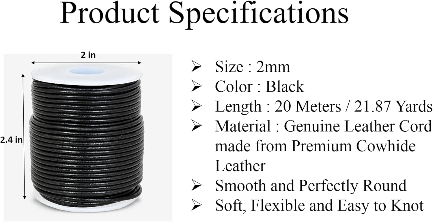 GENIQUE Real/Genuine Round Leather String Cord for Necklace, Bracelets, Jewellery, Braiding (2mm, Black) - Image 3