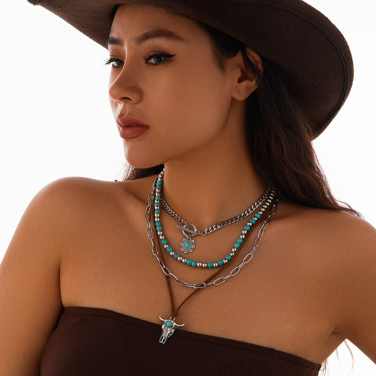 CSIYANJRY99 Layered Western Necklaces for Women Vintage Turquoise Beaded Western Jewelry for Women Ox-head Cactus Cross Chain Necklaces Country Concert Cowgirl Dresses Accessories - Image 3