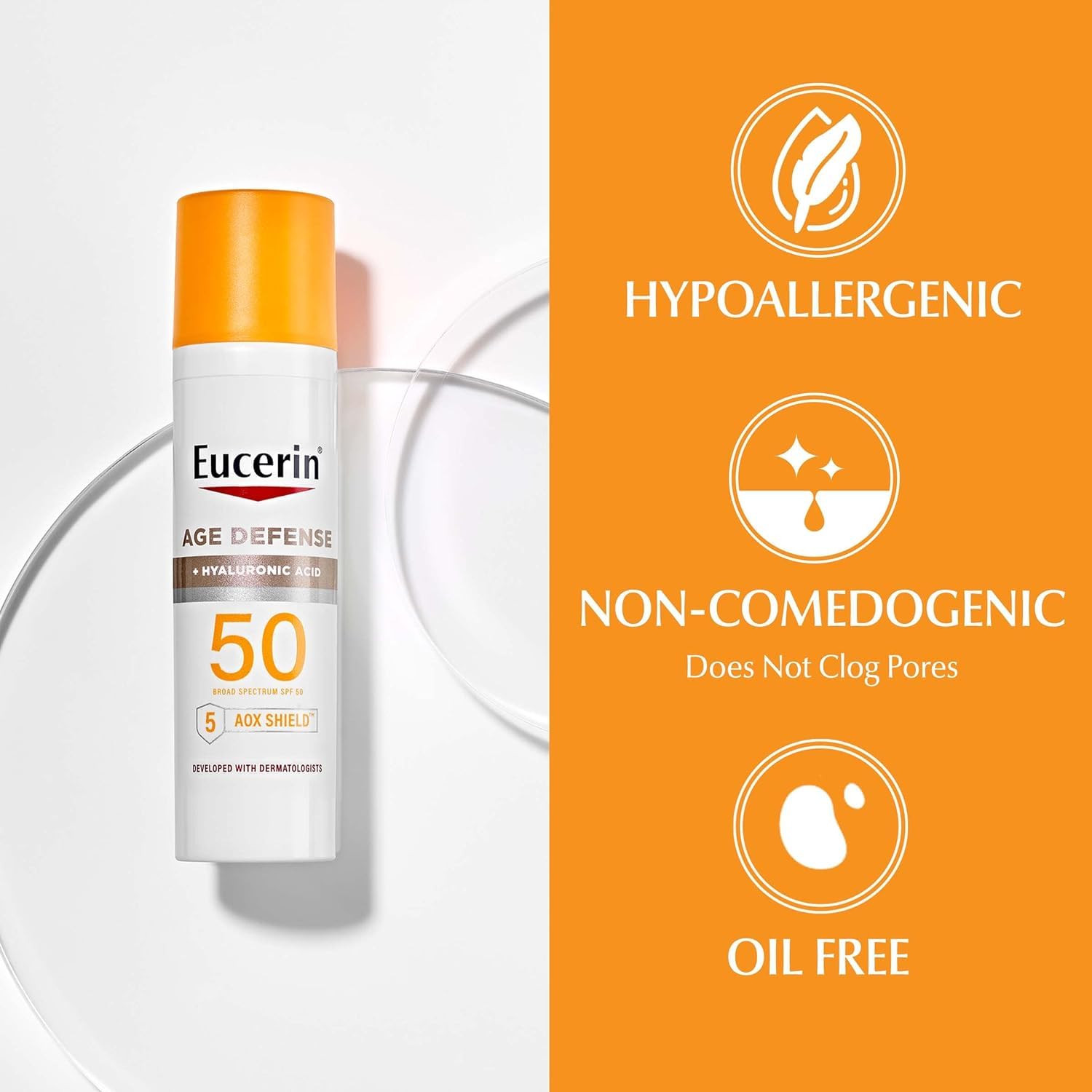 Eucerin Sun Age Defense SPF 50 Face Sunscreen Lotion with Hyaluronic Acid, Hypoallergenic, Non-Comedogenic Sunscreen SPF 50 Free of Fragrance, Oxybenzone and Octinoxate, 2.5 Fl Oz Bottle - Image 11