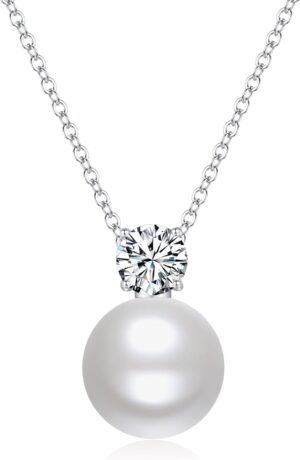 SUNFEEL Single Pearl Necklace for Women, 925 Sterling Silver 14K Gold Plated Pearl Pendant Necklace Inlaid Cubic Zirconia Gift for Mom Wife Girlfriend Bride Wedding Dainty Jewelry, 16+2”