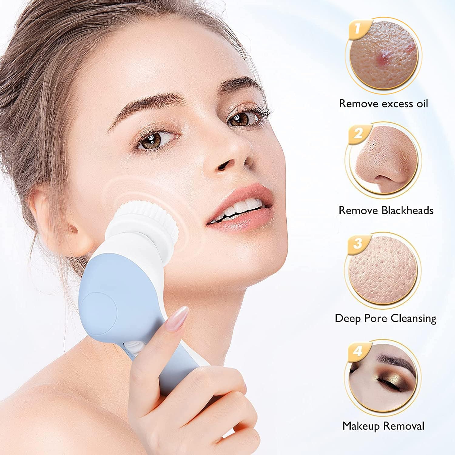 COSLUS Facial Cleansing Brush Silicone Face Scrubber: 2 in1 FBS-D Electric Exfoliating Massage Device Waterproof Deep Cleaning Exfoliation Rotating Spa Machine - Electronic Skin Care Wash Clean System - Image 3