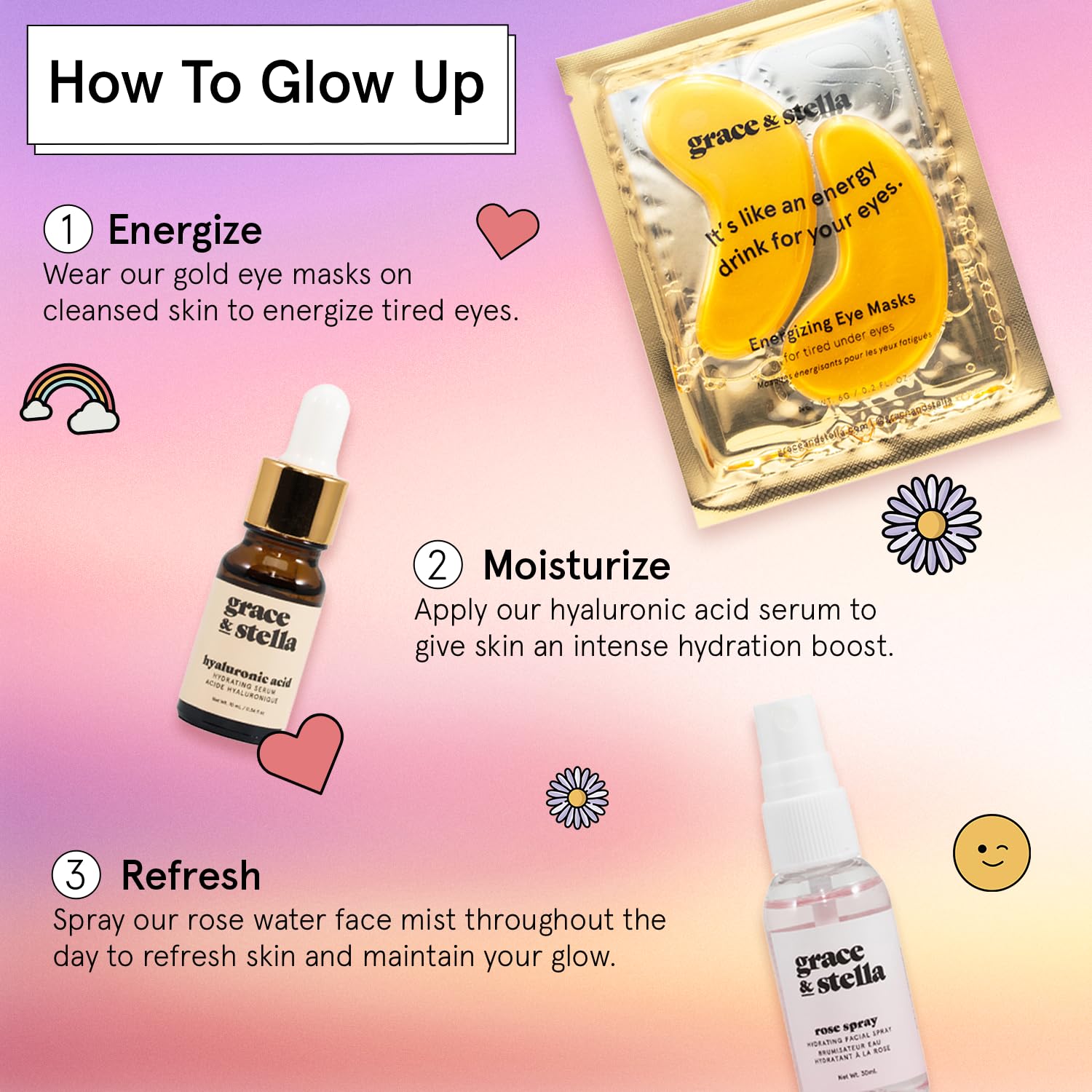 grace & stella Award-Winning Skin Care Set - Birthday Gifts for Women - Travel Essentials with Gold Eye Masks, Hyaluronic Acid Serum & Rose Spray - Bachelorette Party Favors, Teen Girl Gifts - Vegan - Image 9