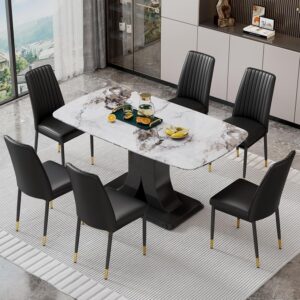 Modern Dining Table Set for 6, Marble Kitchen Table Chair Set for 6, Rectangular Kitchen Table with 6 Pu Leather Upholstered Chair for Dining Room