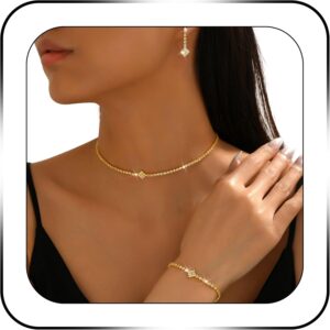 Gold Rhinestone Jewelry Set Sparkly Crystal Necklace Earrings Bracelet Sets Wedding Bridal Prom Jewelry Accessories for Women and Brides