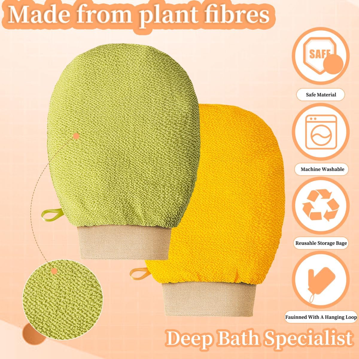 2 Piece Exfoliating Glove Body Scrubber, Premium Exfoliating Mitt for Normal to Dry Skin, Body Exfoliator for Self-Tan Removal and Applicationin, Made of Viscose Fiber (Yellow&Green) - Image 2