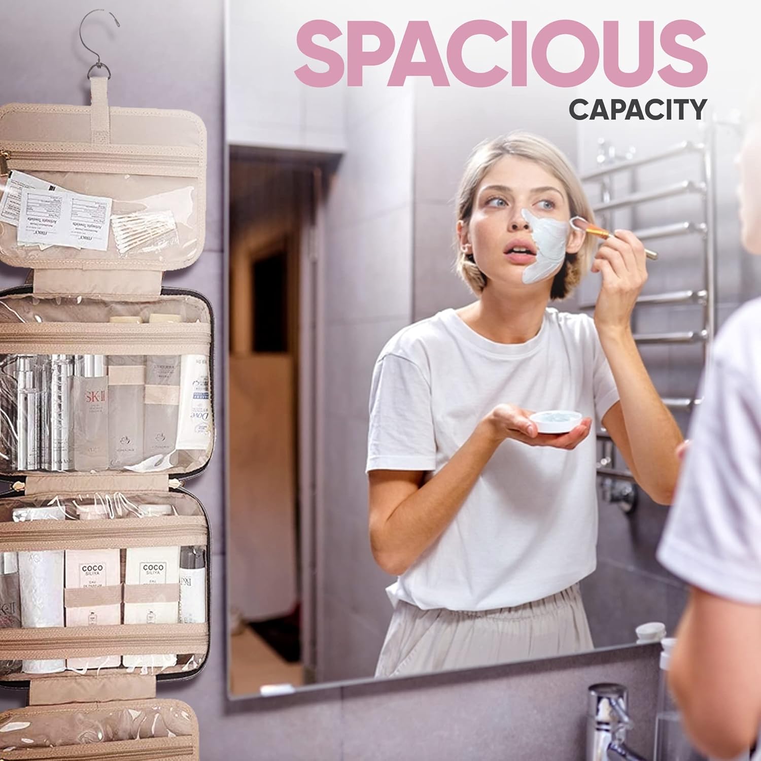 Pink Marine Travel Hanging Toiletry Bag for Women and Men, Luxury Cosmetics and Makeup Organizer with Full-Size Pockets, Waterproof Exterior, Hands-Free Hook, (Black, Large) - Image 7