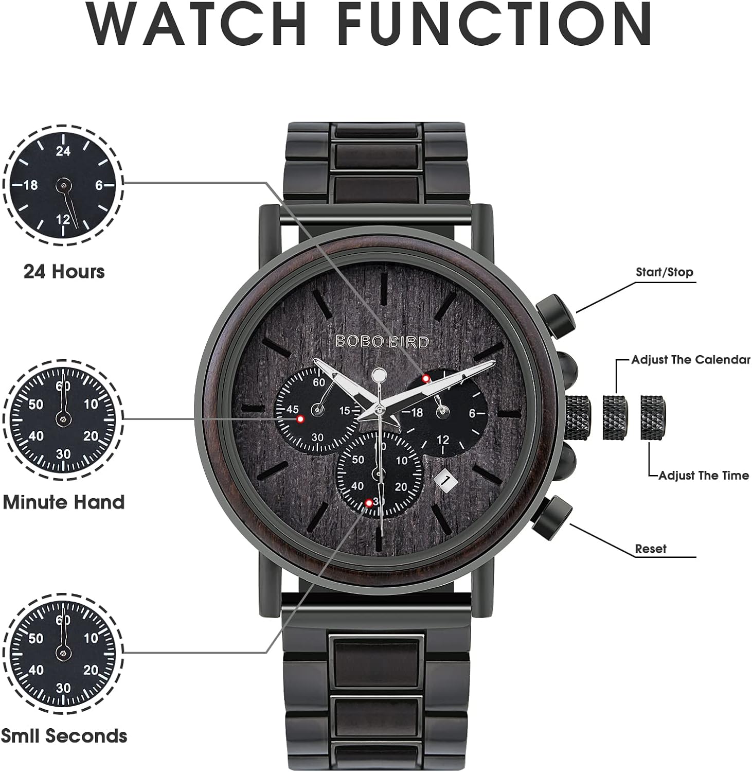 2win Mens Wooden Watches Luxury Stainless Steel Wood Watch for Men Chronograph Quartz Watches - Image 2