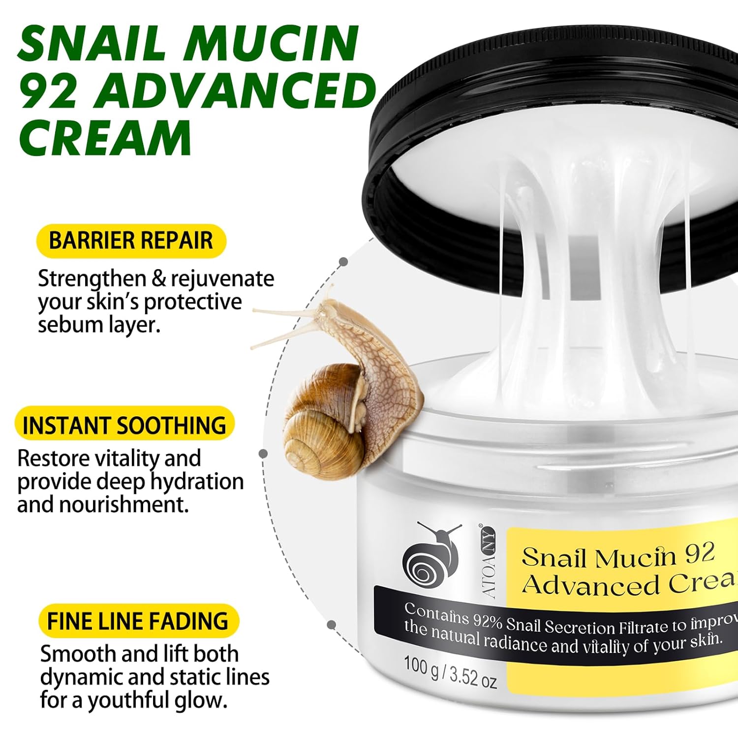 Snail Mucin 92% Repair Serum Cream - Face Moisturizer Hydrating Anti Age Firming Wrinkle Reduction Daily Repair Snail Mucin Face Cream for Dry & Sensitive Skin, All Skin Types-100 g/3.52 oz - Image 4