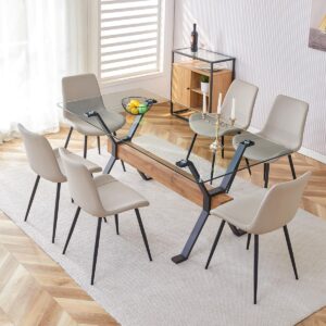 7 Piece Glass Dining Table Set, Kitchen Table Chairs Set for 6, 71” Dining Table with 0.4″ Tempered Glass Tabletop with Plated Metal Legs and MDF Crossbar, 6 PU Chairs for Dining Room, Kitchen.