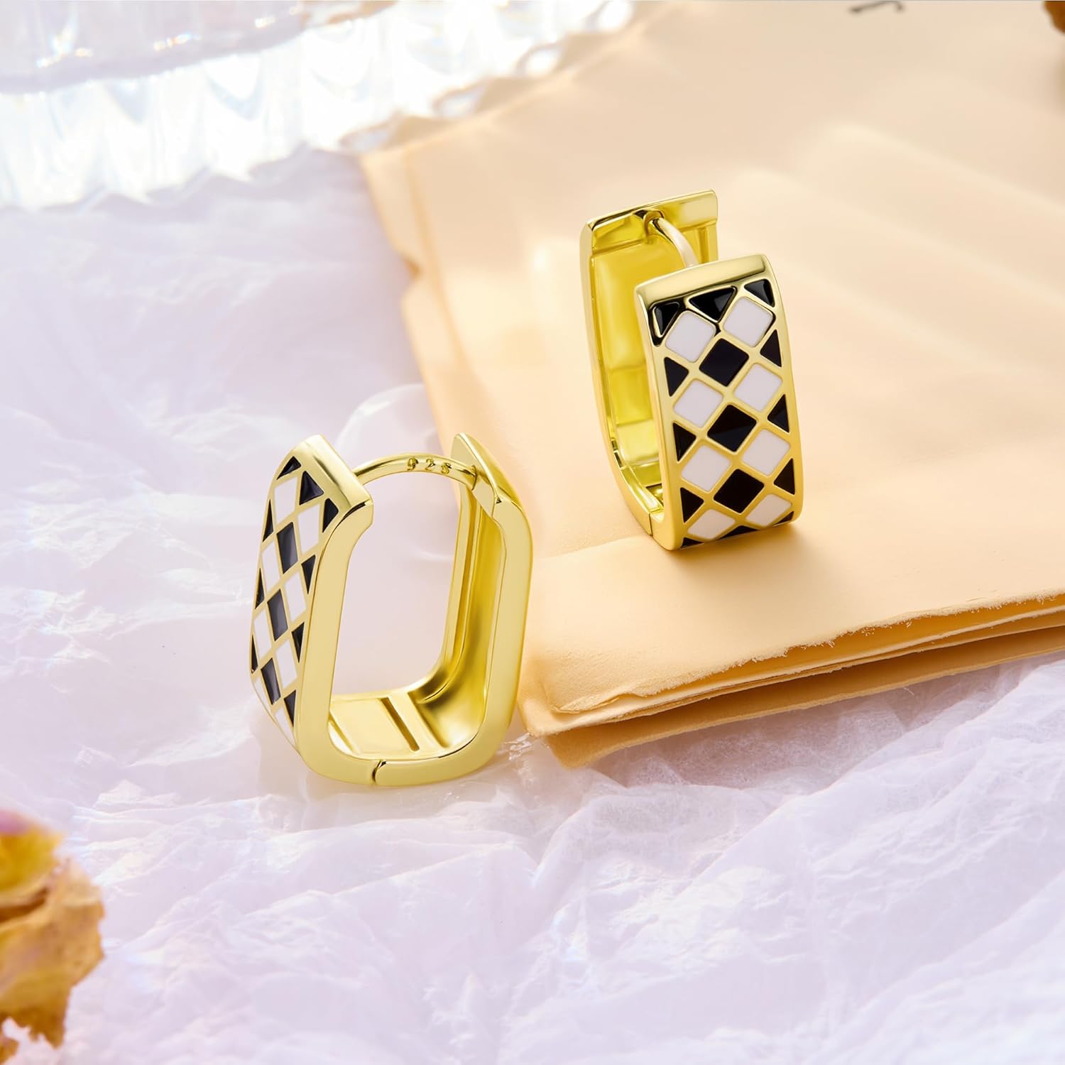 14K Gold Plated Hoop Earrings for Women Trendy Dainty Checkered Hoop Earrings White Black Enamel Sterling Silver Post Hypoallergenic Chic Checker Small Chunky Huggie Hoops Earring - Image 2