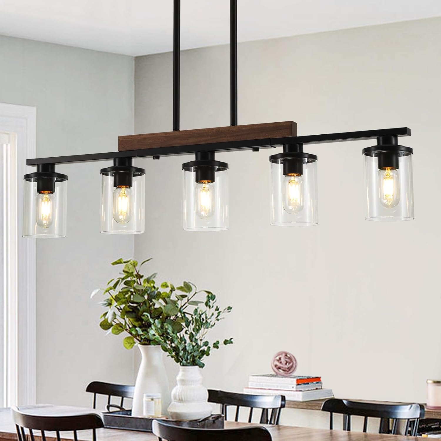 36.2‘’ Kitchen Lighting, 5-Light Dining Room Light Fixture Chandelier Over Table, Black Modern Rustic Wood Ceiling Pendant Light Fixtures, with Clear Glass Shade, Farmhouse Chandelier