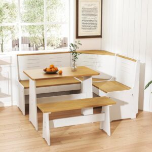 Breakfast Nook Kitchen Corner Dining Table Bench Chair Set, Space-Saving 3-4 Seat L-Shape for Family Home White Wood