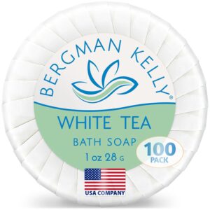 BERGMAN KELLY – Hotel Soap Bars – White Tea, 1 oz, 100 PK – Travel Size Luxury Bulk Amenities Bar Soap, Mini Individually Wrapped Round Soap – Small Toiletries for Airbnb, Motel, Guest Bathroom