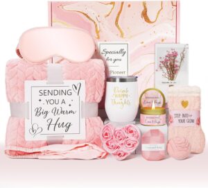 Birthday Gifts for Women, Self Care Friendship Gifts, Relaxing Spa Gifts Basket Care Package w/Luxury Flannel Blanket, Unique Ideas for Mom Her Friend Sister Wife (Rose)