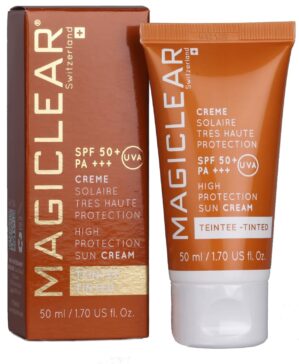 Luxury TINTED Sunscreen for face SPF 50 PA +++ Like BB cream with spf hight protection. Moisturizer Organic Mineral Anti age Facial daily Sunblock Best Swiss brand Magiclear 1.7 Oz