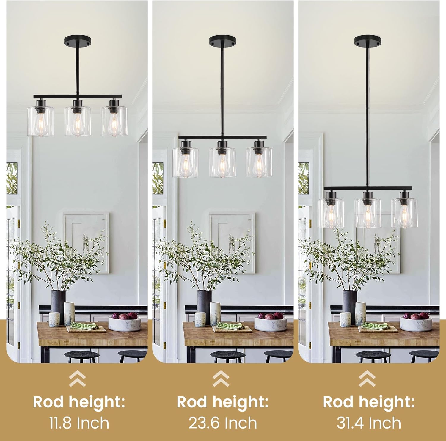3-Light Kitchen Island Lighting, Black Pendant Light Fixture, Farmhouse Dining Room Light Fixtures Over Table, Modern Hanging Light Fixtures with Clear Glass, E26 Base, Bulbs Not Included - Image 2