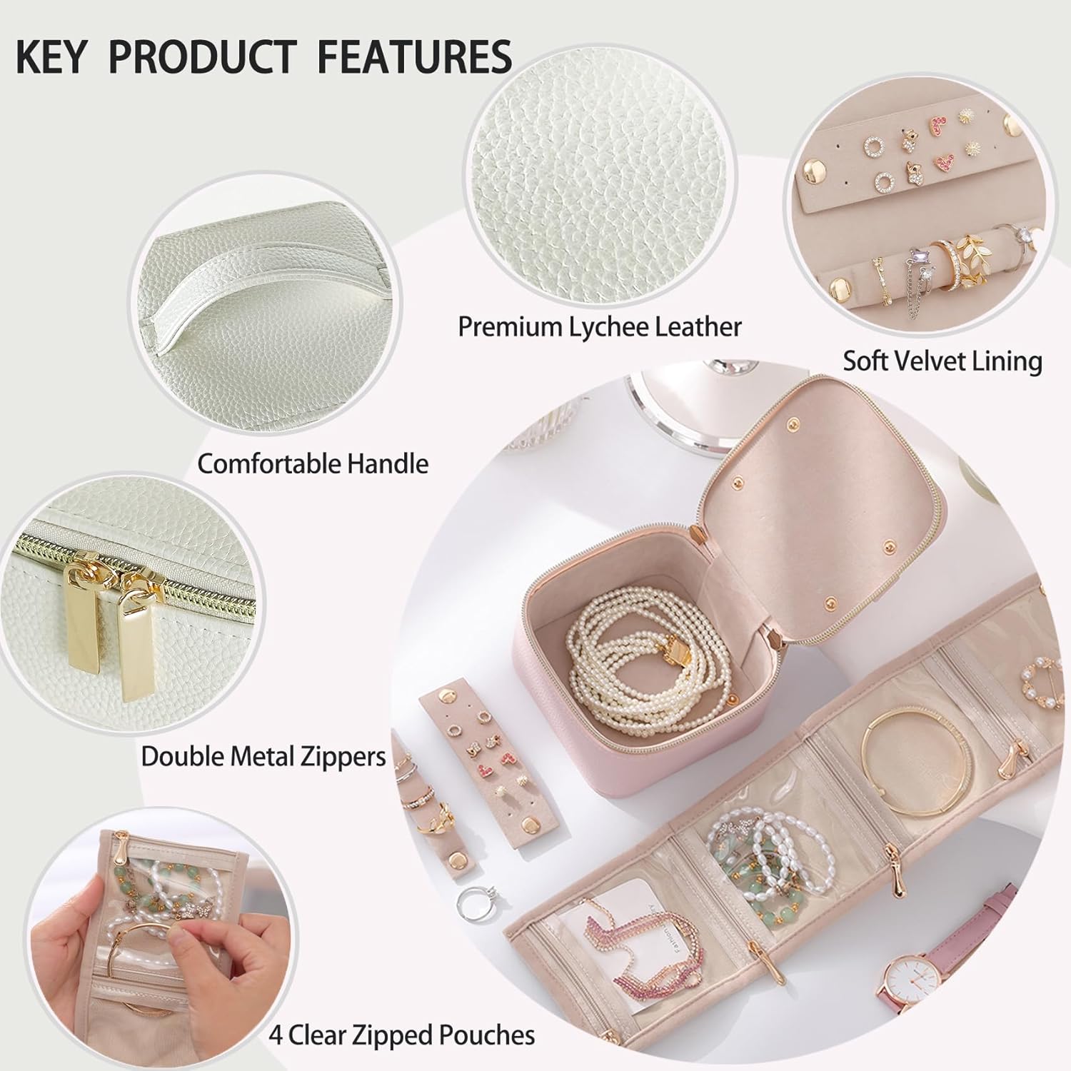PU Leather Travel Jewelry Organizer Case with 4 Pouches & Handle, Anti-Tangle Storage Box for Necklace, Earrings, Rings, Compact Jewelry Box for Women Gift (Beige) - Image 3