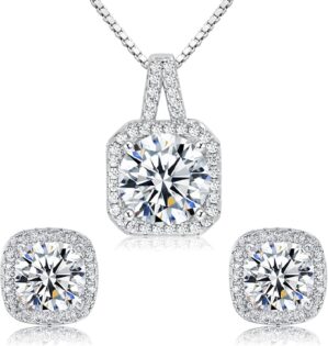Cubic Zirconia Necklace and Earrings Set for Women 14K White Gold Plated Bridesmaid Silver Jewelry Set for Women Pendant Necklace Hypoallergenic Stud Earrings Set Jewellery Gift for Mom Wife Bride Bridesmaid