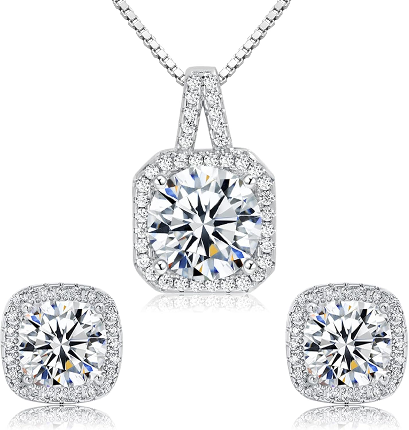 Cubic Zirconia Necklace and Earrings Set for Women 14K White Gold Plated Bridesmaid Silver Jewelry Set for Women Pendant Necklace Hypoallergenic Stud Earrings Set Jewellery Gift for Mom Wife Bride Bridesmaid