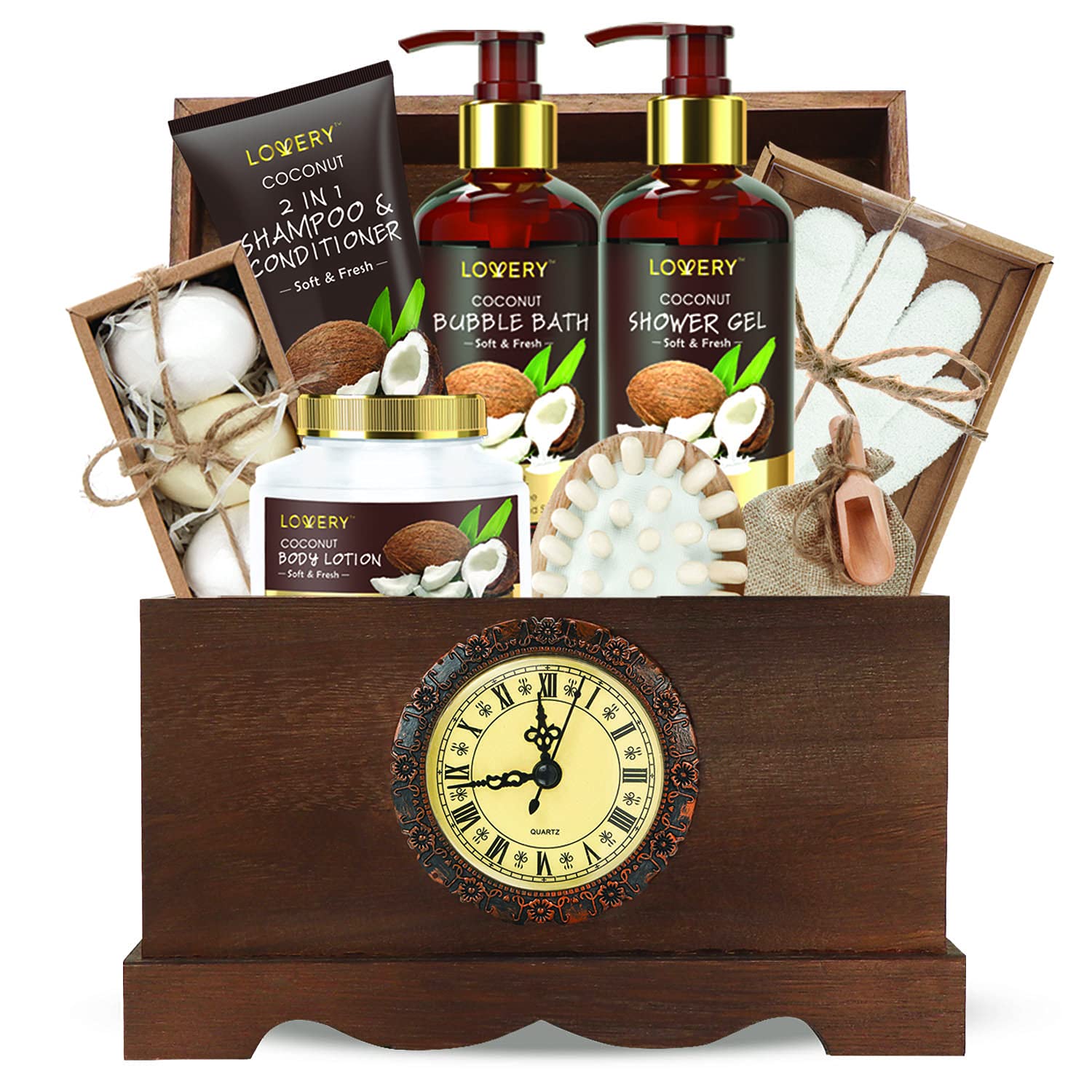 Mens Gift, Bath Set in a Vintage Style Wooden Clock Box, 13Pc Premium Coconut Spa Kit for Men & Women, Body Lotion, Handmade Soap, Bath Bomb, Coconut Shampoo & Conditioner, Massager & More