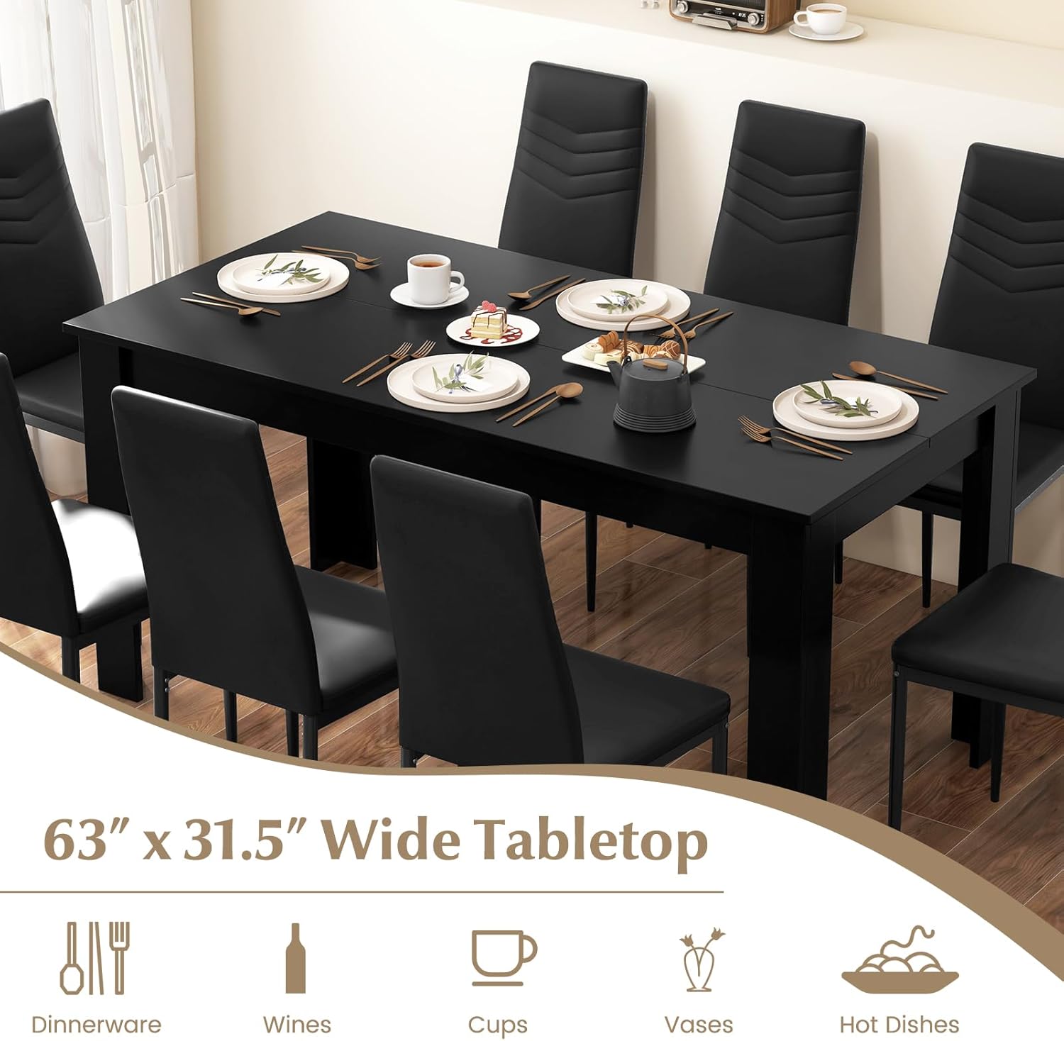 Giantex 9-Pieces Dining Table Set for 6-8, Modern Rectangular Kitchen Table with 8 PVC Leather Dining Chairs, 330Lbs Space-Saving Dinette Set for Breakfast Nook, Kitchen, Restaurant, Cafe, Black - Image 3