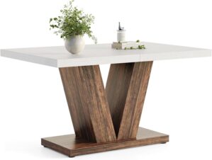 LITTLE TREE 47 Inches Dining Table for 4, Modern Dining Room Tables, White Rectangle Kitchen Table with Rustic Brown V-Shaped Pedestal, Wooden Dinner Table for Dining Room, Kitchen, Living Room