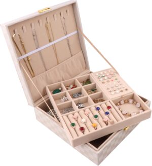 Homeanda Jewelry Box Women’s Large Jewelry Box 2 Layers with Keys PU Leather Jewellery Box for Rings Earrings Necklaces Bracelets and Watch Hairpins(White)