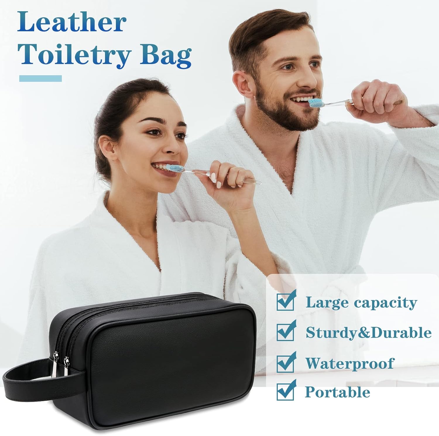 HappyDavid Soft PU Leather Zipped Travel Toiletry Bag Mens Ladies Supply Toiletry Bag Case(Black) - Image 2