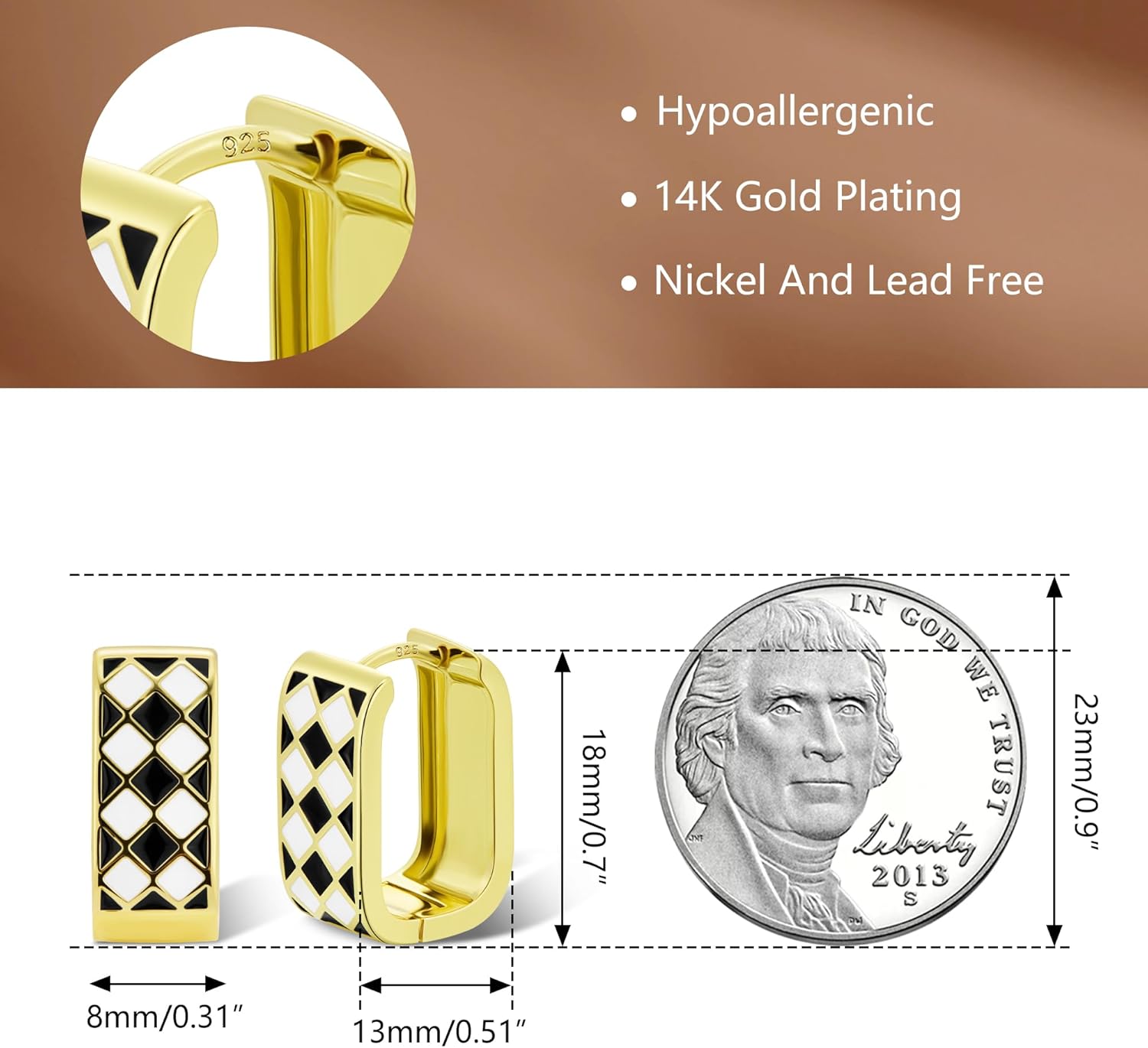 14K Gold Plated Hoop Earrings for Women Trendy Dainty Checkered Hoop Earrings White Black Enamel Sterling Silver Post Hypoallergenic Chic Checker Small Chunky Huggie Hoops Earring - Image 4