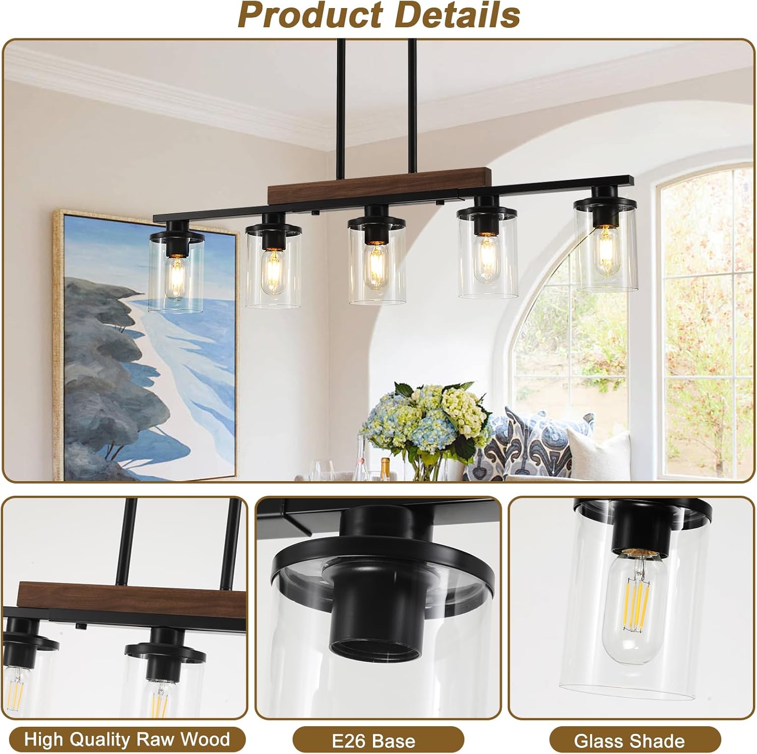 36.2‘’ Kitchen Lighting, 5-Light Dining Room Light Fixture Chandelier Over Table, Black Modern Rustic Wood Ceiling Pendant Light Fixtures, with Clear Glass Shade, Farmhouse Chandelier - Image 4