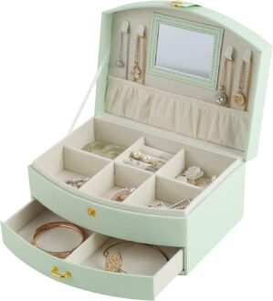 ladies jewellery box with mirror, two tiered travel jewellery box for necklaces, bracelets, rings and earrings, an elegant jewellery storage box for handmade ladies gifts.