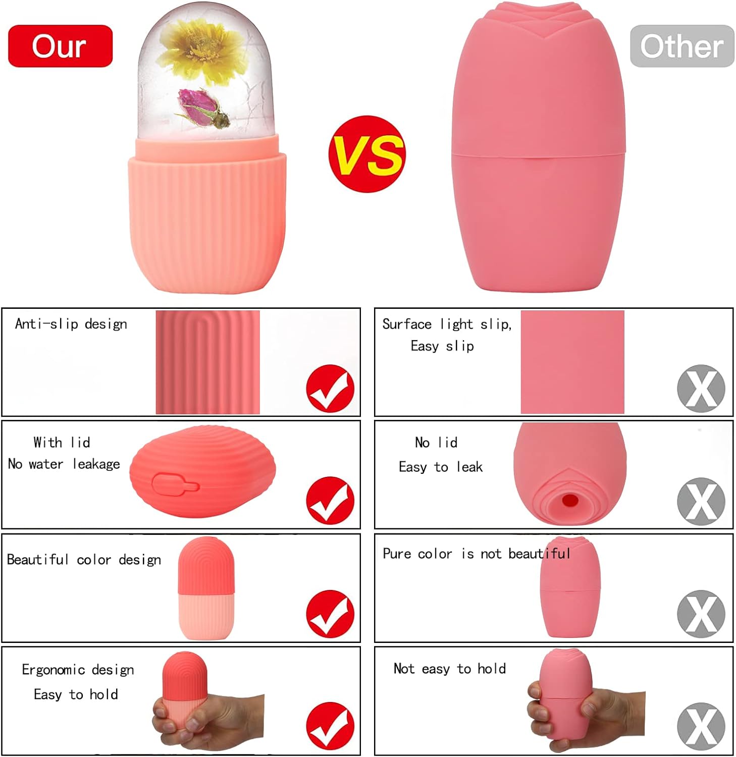 XHJRI Ice Cube Roller Massager for Face, Eyes and Neck Naturally Conditioning and Skin Care,De-Puff Eye Bags,Reduce Migraine Pain,Reusable Massage Silicone Ice Mold (Pink) - Image 5