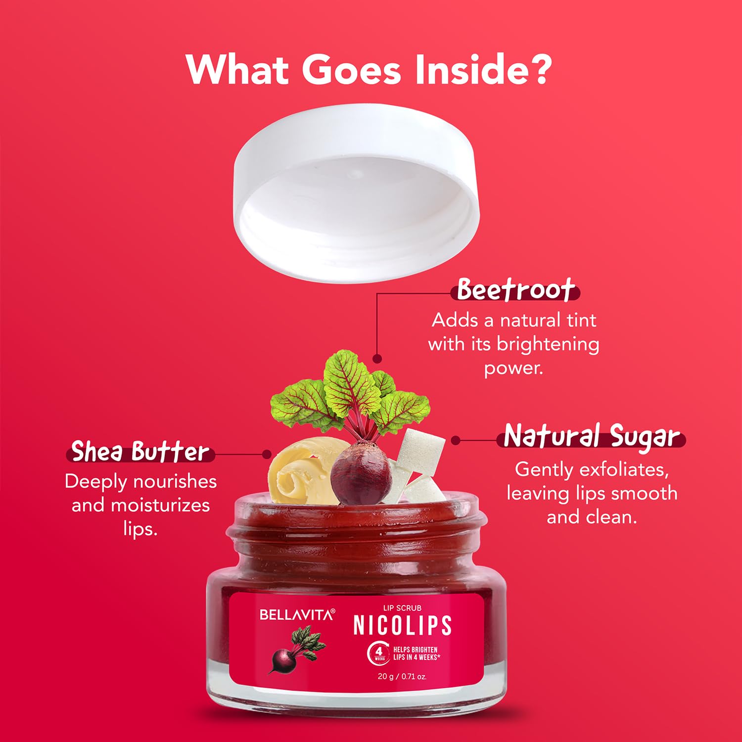 BellaVita Luxury NicoLips Lip Scrub 20gm | Lip Balm For Exfoliation & Dark Lip Moisturizing | With Goodness of Beetroot, Shea Butter & Walnut Lip Scrub | Lip scrubber exfoliator for Women and Men - Image 5