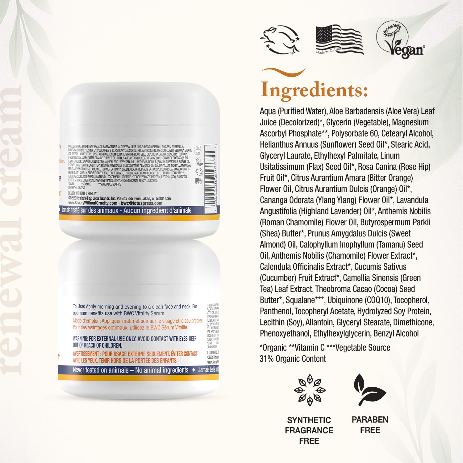 Beauty Without Cruelty Vitamin C Renewal Cream with CoQ10 – Premium Aromatherapy Face Cream, Vegan-Friendly & Cruelty-Free, 2 Oz - Image 2