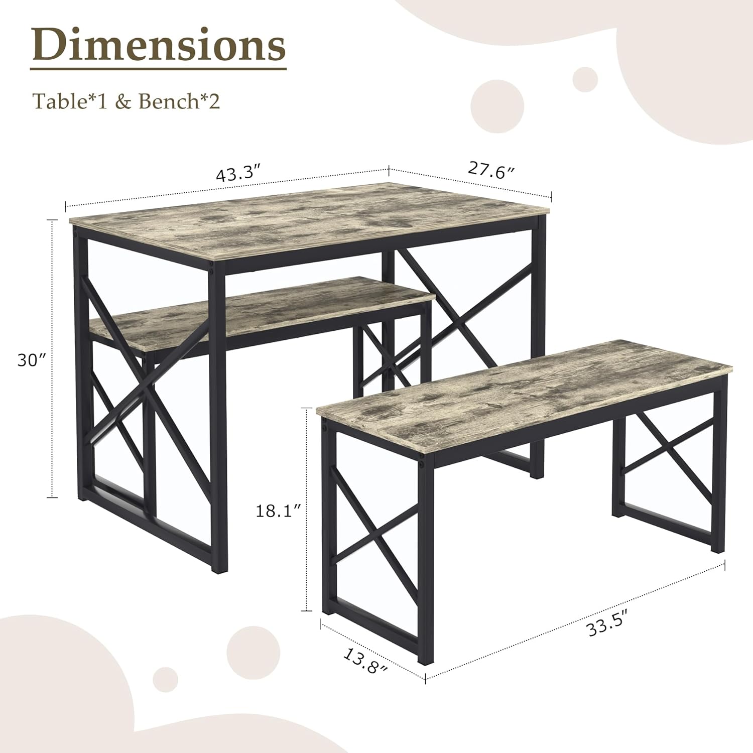 VECELO Kitchen Dining Table Set for 4, 43.3" Wood Rectangle Dinette with 2 Benches, Heavy-Duty Metal Frame for Small Space, Breakfast Nook, Grey - Image 2