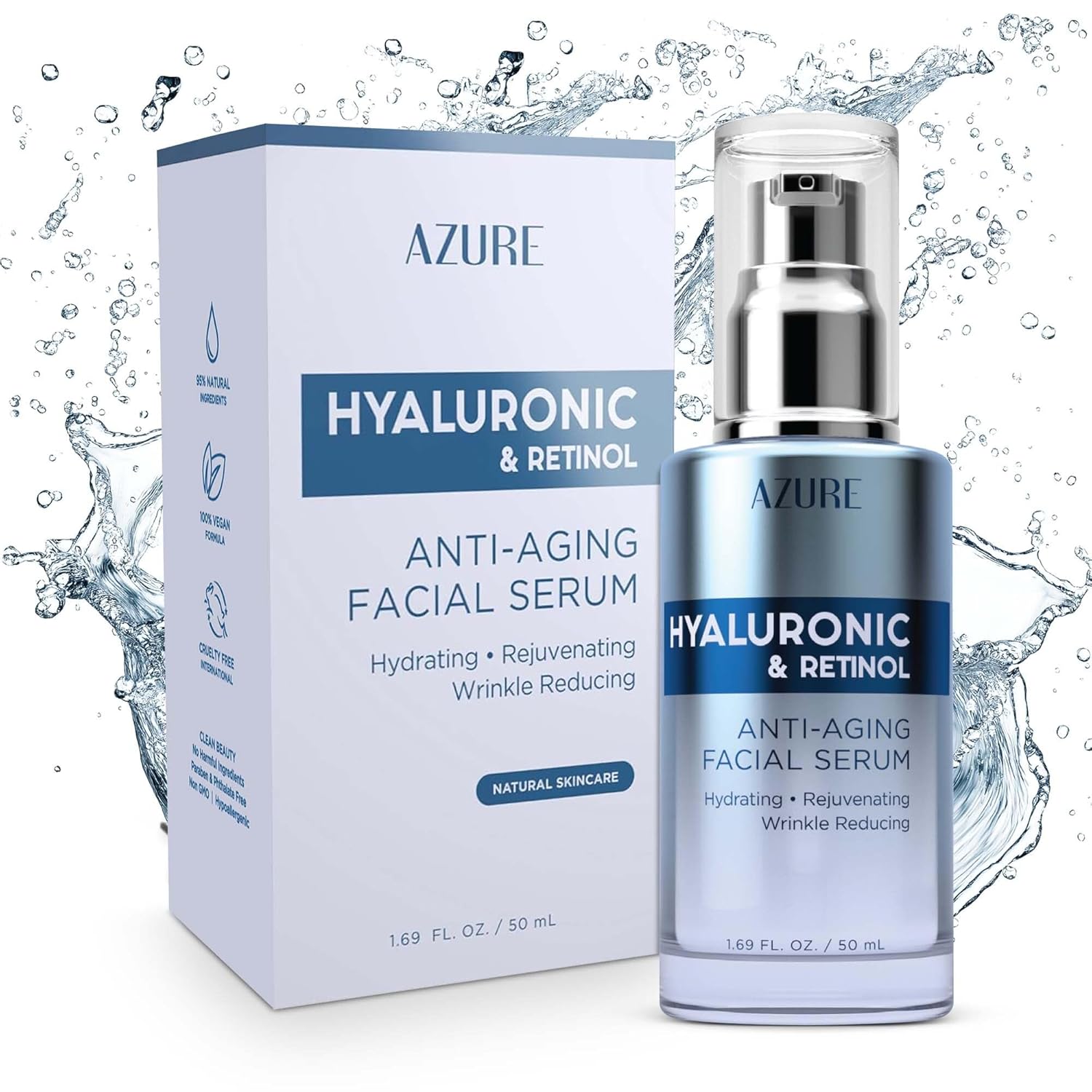 Azure Cosmetics Hyaluronic Acid Serum For Face - Ultra Hydrating, Dermatologist Tested, Anti-Aging Moisturizer for Dark Spots, Fine Lines & Wrinkles - Vegan, Clean Beauty, Korean Skin Care - 1.69 oz