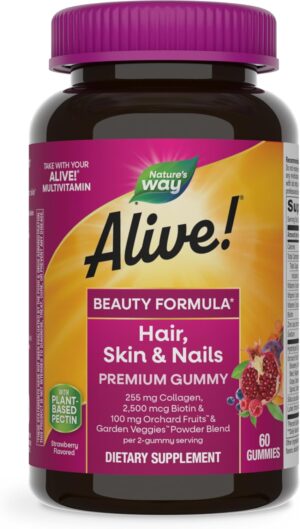 Nature’s Way Alive! Hair, Skin & Nails Premium Gummies, Beauty Formula*, with Collagen, Biotin, Vitamins C & E, Strawberry Flavored, 60 Gummies