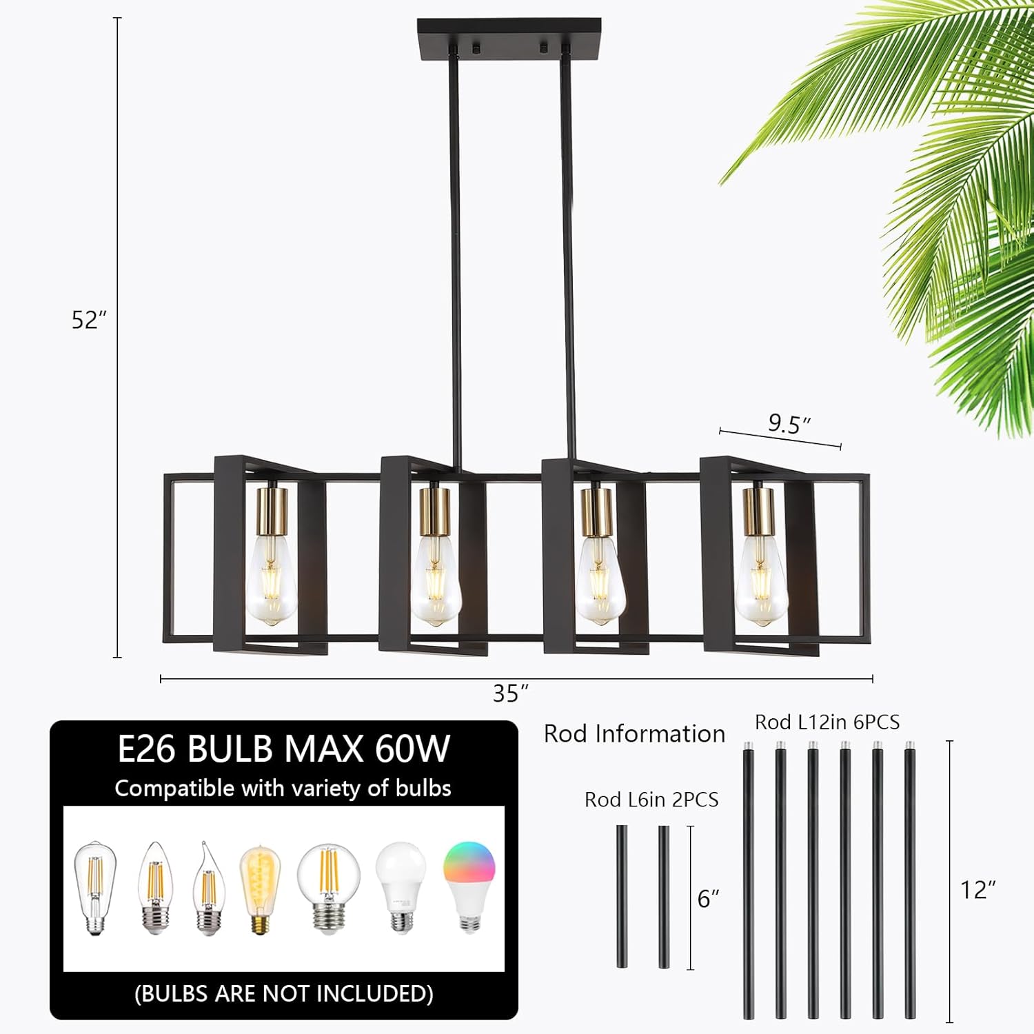 35.4" Kitchen Island Lighting Fixture, Dining Room 4 Lights Chandeliers, Black Wood+Metal Pendant Light for Foyer Hallway Living Room - Image 2