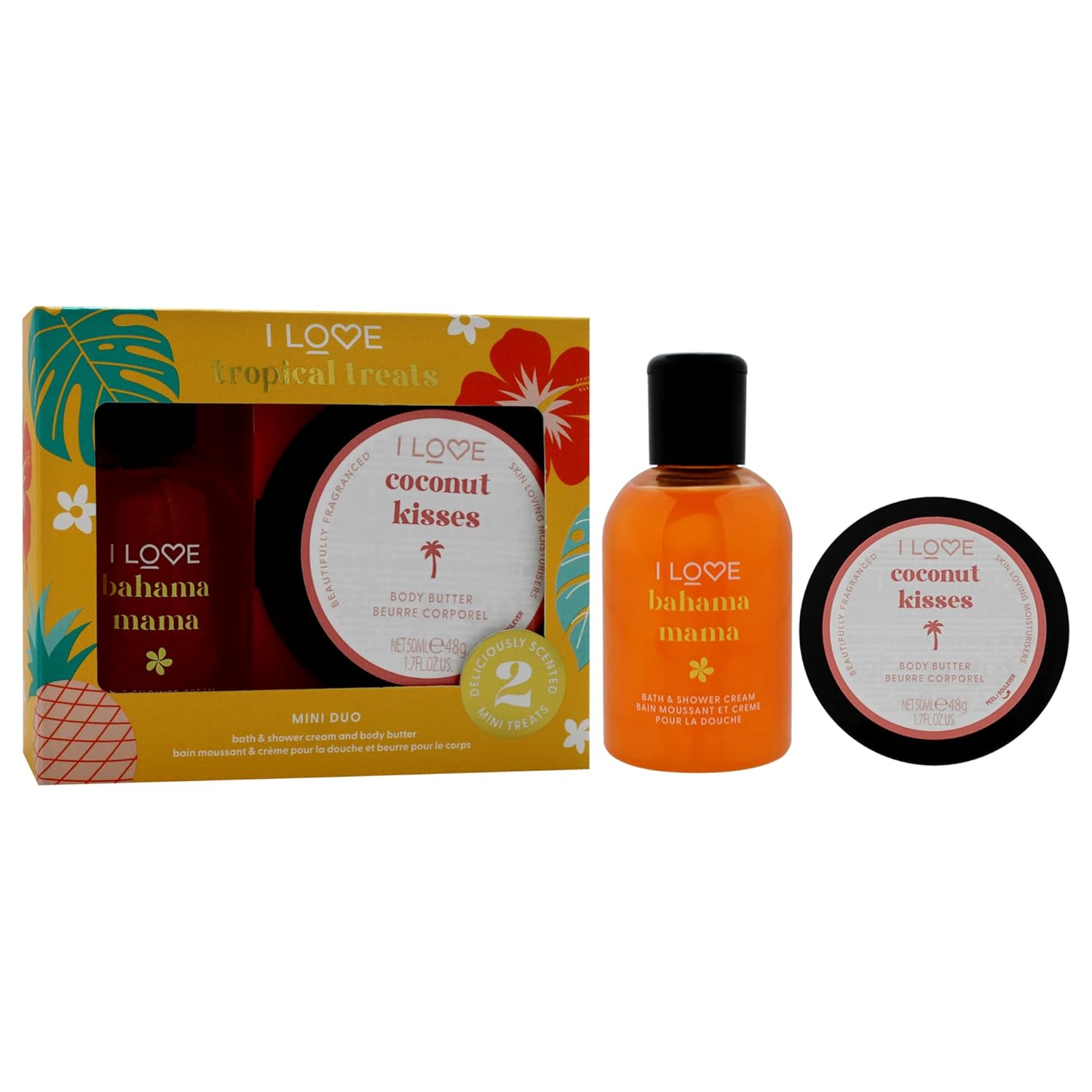 I Love Cosmetics I Love Miniature Troipcal Treat Box for Unisex - 2 Pc 3.3oz Bath and Shower Creme, 1.7oz Body Butter - Image 3