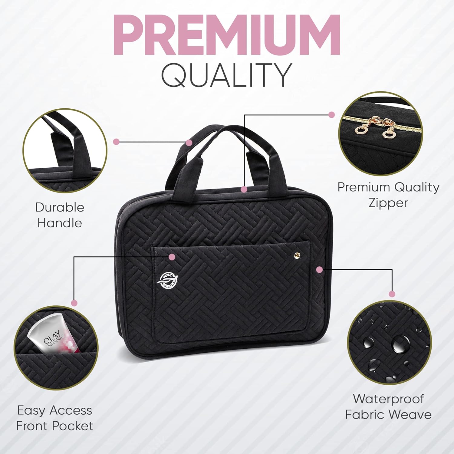 Pink Marine Travel Hanging Toiletry Bag for Women and Men, Luxury Cosmetics and Makeup Organizer with Full-Size Pockets, Waterproof Exterior, Hands-Free Hook, (Black, Large) - Image 3