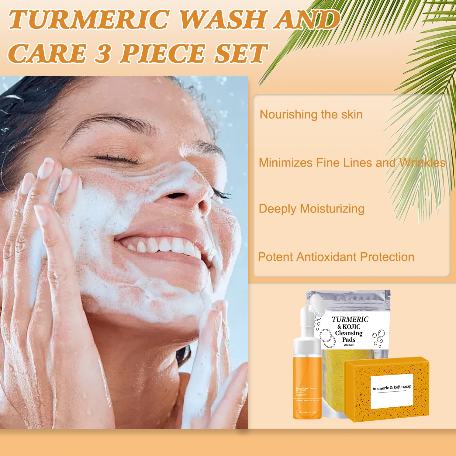 4Pcs Turmeric Wash and Care Three Piece Set,Turmeric Trio: Facial Wash,Cleansing Mousse & Soap for Skin Care,Turmeric Cleansing Exfoliating Pads,Turmeric Face Wash for Face & Body - Image 2
