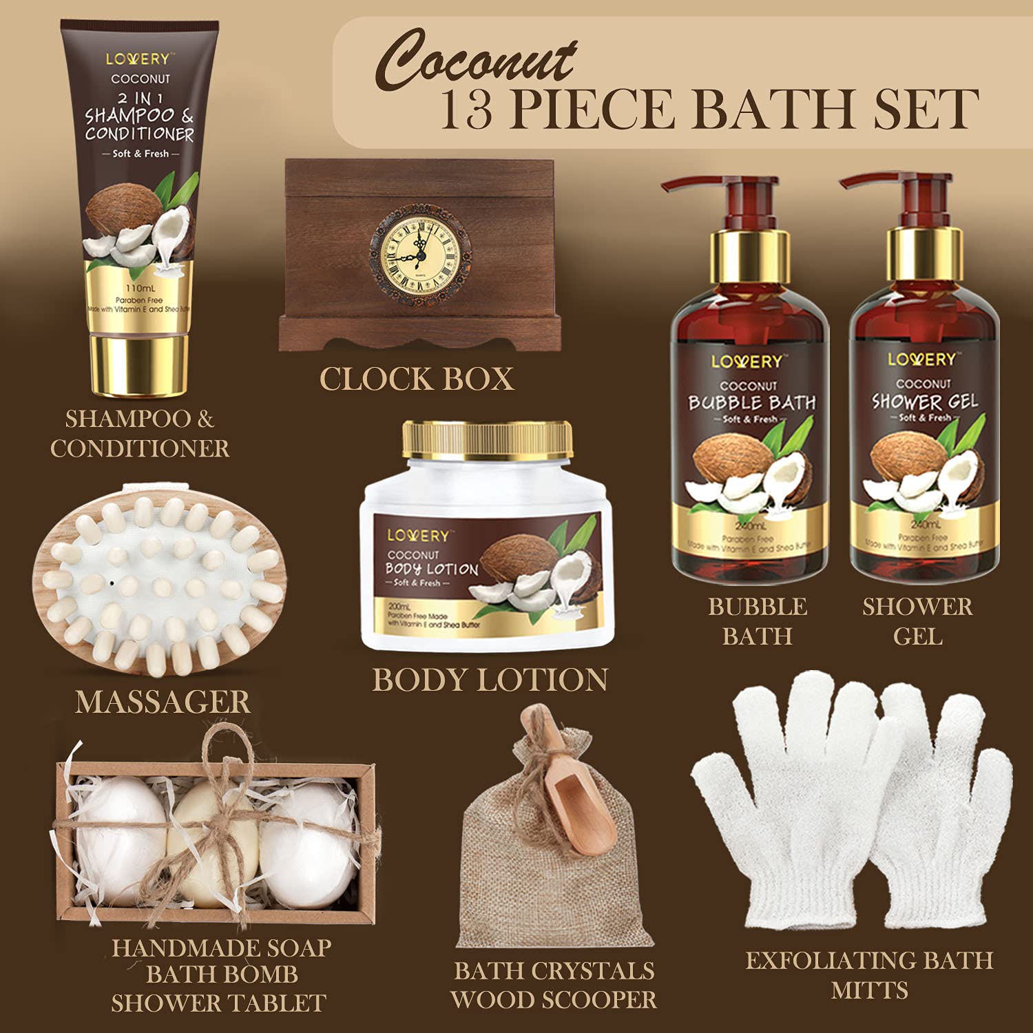Mens Gift, Bath Set in a Vintage Style Wooden Clock Box, 13Pc Premium Coconut Spa Kit for Men & Women, Body Lotion, Handmade Soap, Bath Bomb, Coconut Shampoo & Conditioner, Massager & More - Image 2