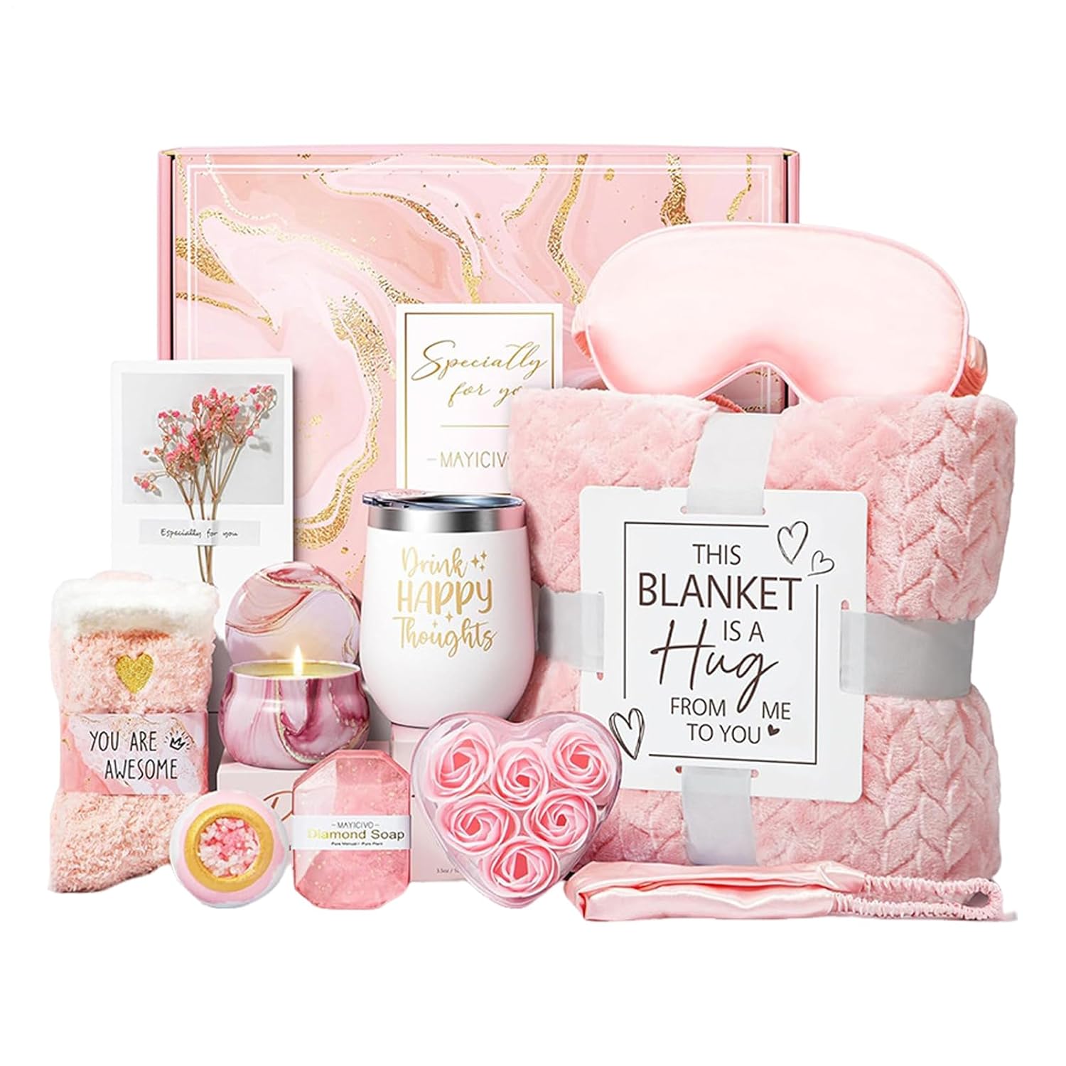 Self-Care Kit Birthday Gift For Women, Luxury Roses Relaxing Spa And Flannel Blanket Kit For Mom Her Friends Sister