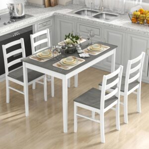Tangkula Dining Table Set for 4, Farmhouse Solid Wood Dinette Set w/Rubber Wood Legs, Compact Wooden Dining Table and Chairs Set for Kitchen, Dining Room (Grey+White)