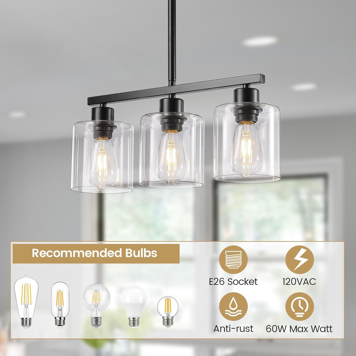 3-Light Kitchen Island Lighting, Black Pendant Light Fixture, Farmhouse Dining Room Light Fixtures Over Table, Modern Hanging Light Fixtures with Clear Glass, E26 Base, Bulbs Not Included - Image 6