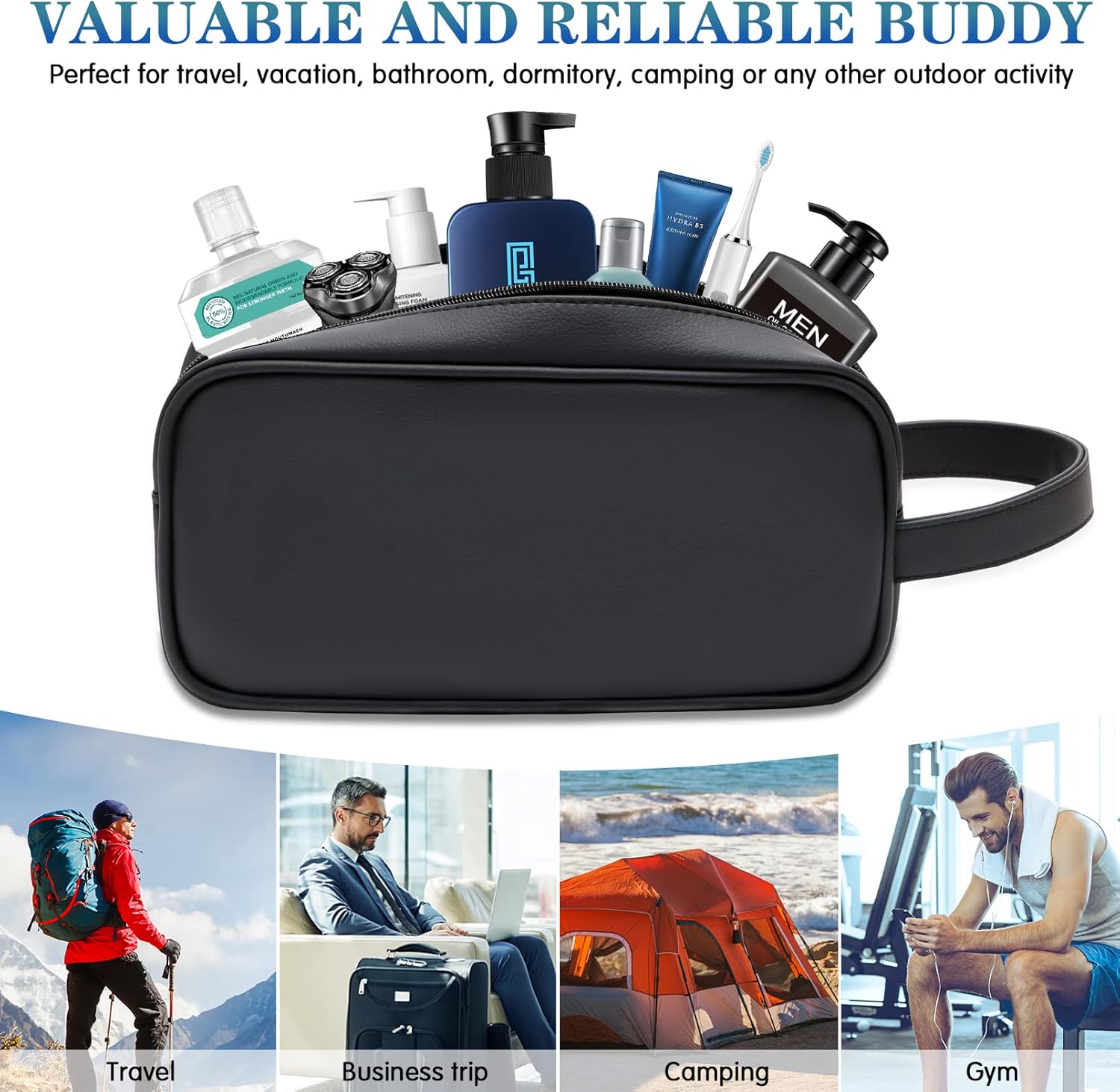 HappyDavid Soft PU Leather Zipped Travel Toiletry Bag Mens Ladies Supply Toiletry Bag Case(Black) - Image 5